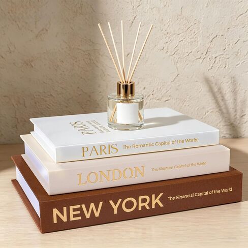Decorative Books for Home Decor - Set of 3 Linen Faux Books with Hidden Storage, Magnetic Closure | Stackable Fake Books Box for Coffee Table, Bookshelf, Mantel & Library Decor | New York London Paris in Saudi Arabia