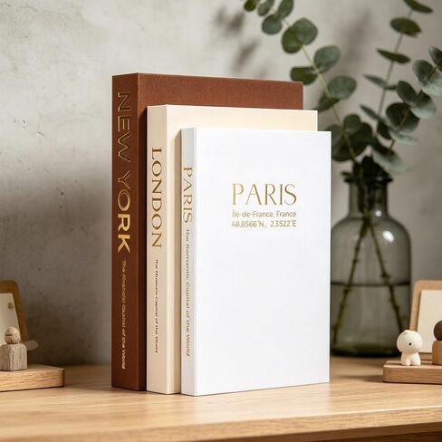 Decorative Books for Home Decor - Set of 3 Linen Faux Books with Hidden Storage, Magnetic Closure | Stackable Fake Books Box for Coffee Table, Bookshelf, Mantel & Library Decor | New York London Paris in Saudi Arabia