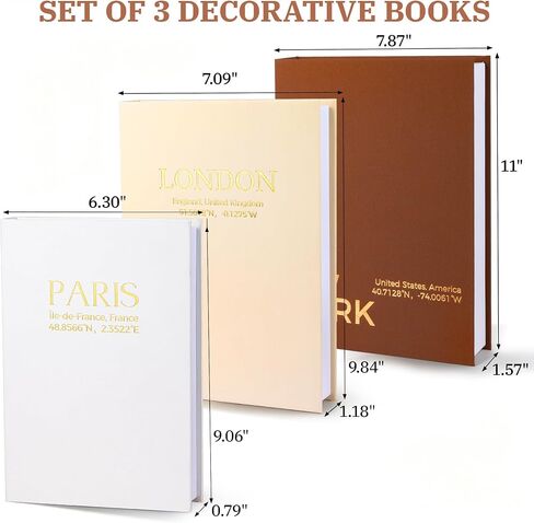 Decorative Books for Home Decor - Set of 3 Linen Faux Books with Hidden Storage, Magnetic Closure | Stackable Fake Books Box for Coffee Table, Bookshelf, Mantel & Library Decor | New York London Paris in Saudi Arabia