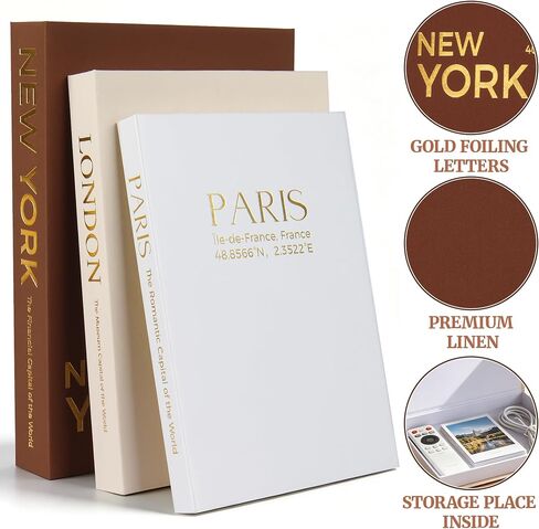 Decorative Books for Home Decor - Set of 3 Linen Faux Books with Hidden Storage, Magnetic Closure | Stackable Fake Books Box for Coffee Table, Bookshelf, Mantel & Library Decor | New York London Paris in Saudi Arabia