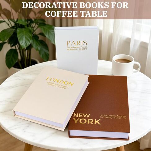 Decorative Books for Home Decor - Set of 3 Linen Faux Books with Hidden Storage, Magnetic Closure | Stackable Fake Books Box for Coffee Table, Bookshelf, Mantel & Library Decor | New York London Paris in Saudi Arabia