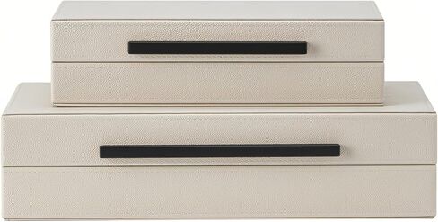 Set of 2 Shagreen Decorative Box, Modern Faux Leather Beige Decorative Storage Boxes with Lids and Metal Handles, Jewelry & Memory Box for Home, Office Decor (Beige+Black Handles) in Saudi Arabia