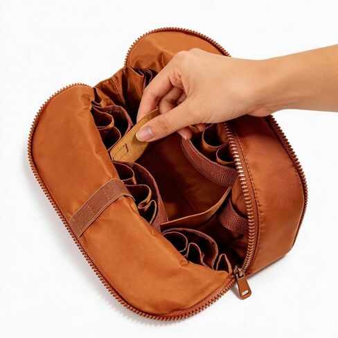 Travel Makeup Organizer Bag with Fold-Down Design, Adjustable Dividers, 27 Pockets & 3 Brush Holders, Large Capacity Cosmetic and Toiletry Organizer (Brown) in Kuwait