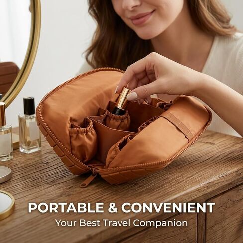 Travel Makeup Organizer Bag with Fold-Down Design, Adjustable Dividers, 27 Pockets & 3 Brush Holders, Large Capacity Cosmetic and Toiletry Organizer (Brown) in Kuwait