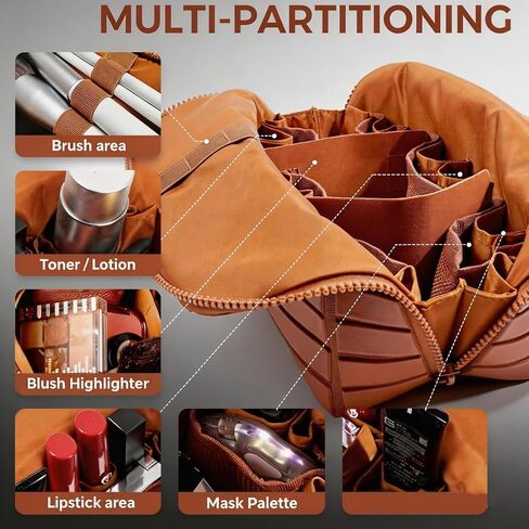 Travel Makeup Organizer Bag with Fold-Down Design, Adjustable Dividers, 27 Pockets & 3 Brush Holders, Large Capacity Cosmetic and Toiletry Organizer (Brown) in Kuwait