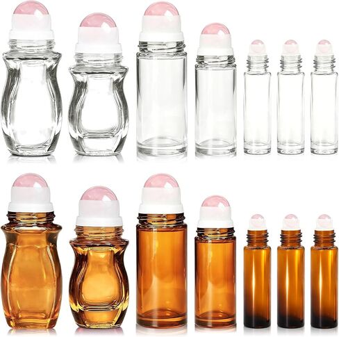 Rose Quartz Roller Bottles for Essential Oils, 50ml Refillable Waist Amber Glass Roll On Bottles with Natural Crystal Roller Balls, Leak-Proof Travel Perfume Bottle with Gold Caps in Saudi Arabia
