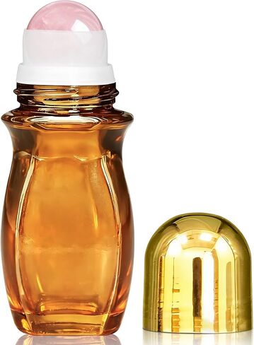 Rose Quartz Roller Bottles for Essential Oils, 50ml Refillable Waist Amber Glass Roll On Bottles with Natural Crystal Roller Balls, Leak-Proof Travel Perfume Bottle with Gold Caps in Saudi Arabia