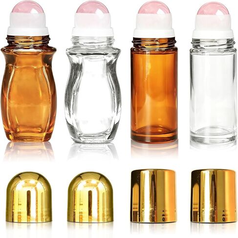 Rose Quartz Roller Bottles for Essential Oils, 50ml Refillable Waist Amber Glass Roll On Bottles with Natural Crystal Roller Balls, Leak-Proof Travel Perfume Bottle with Gold Caps in Saudi Arabia
