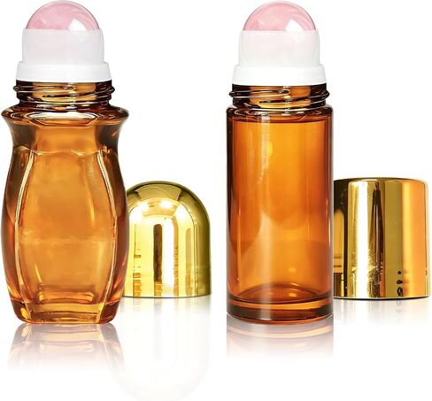 Rose Quartz Roller Bottles for Essential Oils, 50ml Refillable Waist Amber Glass Roll On Bottles with Natural Crystal Roller Balls, Leak-Proof Travel Perfume Bottle with Gold Caps in Saudi Arabia