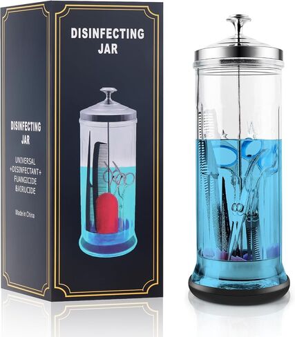53 Oz Large Glass Disinfectant Jar with Removable Basket & Stainless Steel Lid Anti-Slip Base Durable Sanitizing Container for Barber Tools, Combs, Brushes Nail Tools & Implements in Kuwait