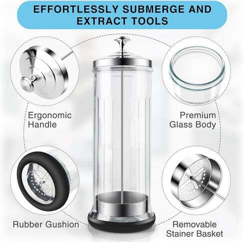 53 Oz Large Glass Disinfectant Jar with Removable Basket & Stainless Steel Lid Anti-Slip Base Durable Sanitizing Container for Barber Tools, Combs, Brushes Nail Tools & Implements in Kuwait