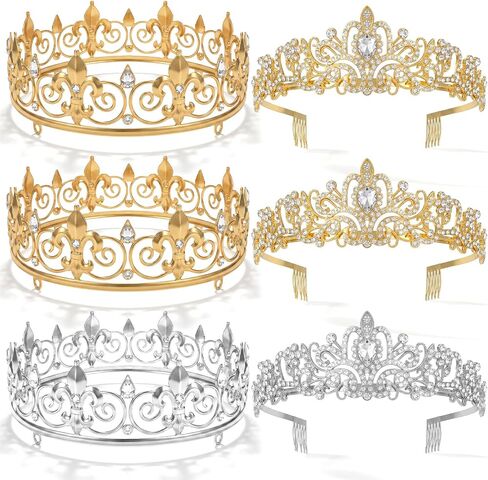 6 Pcs King and Queen Crown Set, Baroque Princess and Prince Crown Prom Crystal Tiara Crowns for Party, Birthday, Wedding, Prom, Hair Accessories (Gold, Silver) in Kuwait