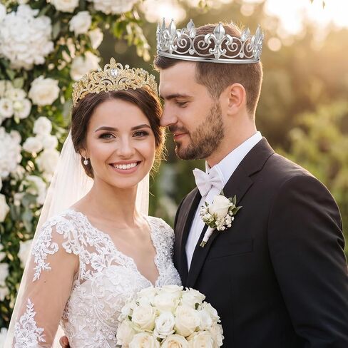 6 Pcs King and Queen Crown Set, Baroque Princess and Prince Crown Prom Crystal Tiara Crowns for Party, Birthday, Wedding, Prom, Hair Accessories (Gold, Silver) in Kuwait