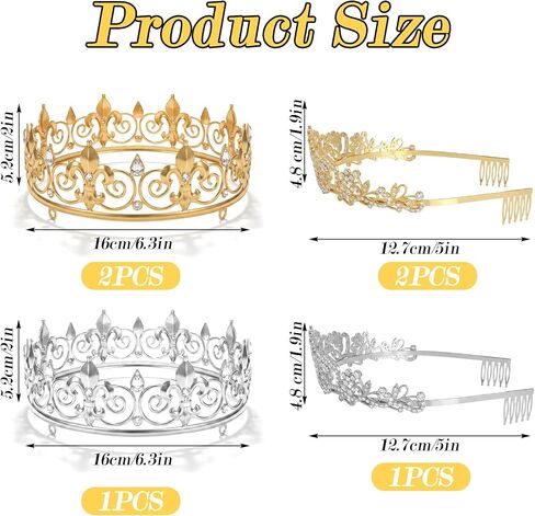 6 Pcs King and Queen Crown Set, Baroque Princess and Prince Crown Prom Crystal Tiara Crowns for Party, Birthday, Wedding, Prom, Hair Accessories (Gold, Silver) in Kuwait