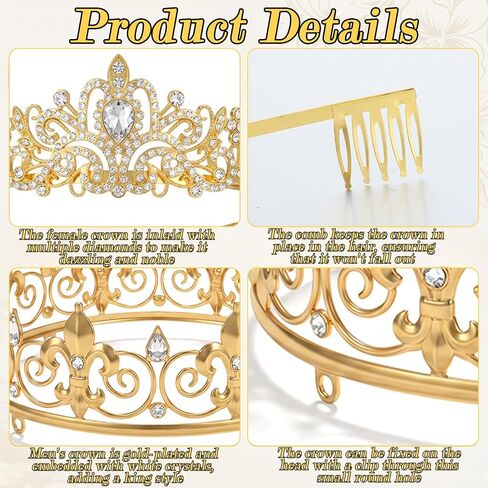 6 Pcs King and Queen Crown Set, Baroque Princess and Prince Crown Prom Crystal Tiara Crowns for Party, Birthday, Wedding, Prom, Hair Accessories (Gold, Silver) in Kuwait