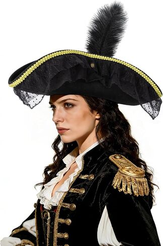 quescu Pirate Hat for Women,Tricorn Hat with Feather,Renaissance Pirate Costume Accessories for Adults Halloween Cosplay in Saudi Arabia