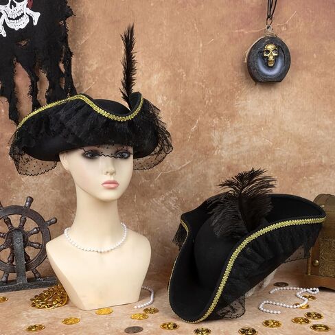 quescu Pirate Hat for Women,Tricorn Hat with Feather,Renaissance Pirate Costume Accessories for Adults Halloween Cosplay in Saudi Arabia