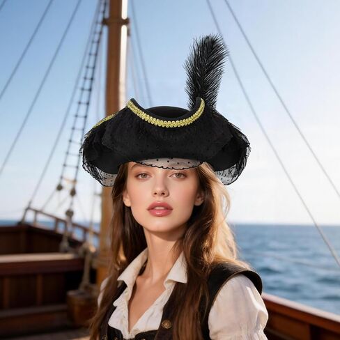 quescu Pirate Hat for Women,Tricorn Hat with Feather,Renaissance Pirate Costume Accessories for Adults Halloween Cosplay in Saudi Arabia