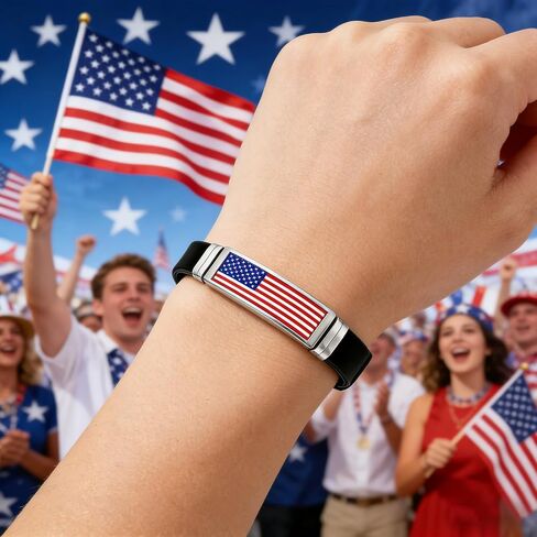 Nanafast American Flag Bracelet Patriotic Jewelry for Women & Men, Red White and Blue Accessories, 4th of July Bracelets & Gifts, Stainless Steel & Silicone, Flexible Size in Saudi Arabia