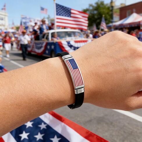 Nanafast American Flag Bracelet Patriotic Jewelry for Women & Men, Red White and Blue Accessories, 4th of July Bracelets & Gifts, Stainless Steel & Silicone, Flexible Size in Saudi Arabia
