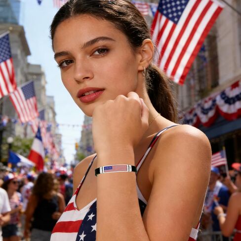 Nanafast American Flag Bracelet Patriotic Jewelry for Women & Men, Red White and Blue Accessories, 4th of July Bracelets & Gifts, Stainless Steel & Silicone, Flexible Size in Saudi Arabia