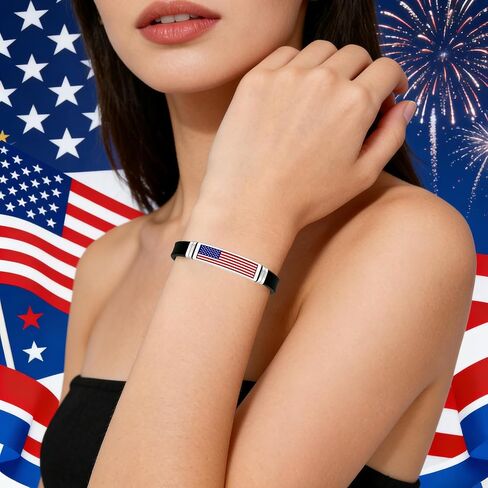 Nanafast American Flag Bracelet Patriotic Jewelry for Women & Men, Red White and Blue Accessories, 4th of July Bracelets & Gifts, Stainless Steel & Silicone, Flexible Size in Saudi Arabia