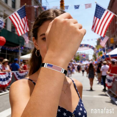Nanafast American Flag Bracelet Patriotic Jewelry for Women & Men, Red White and Blue Accessories, 4th of July Bracelets & Gifts, Stainless Steel & Silicone, Flexible Size in Saudi Arabia