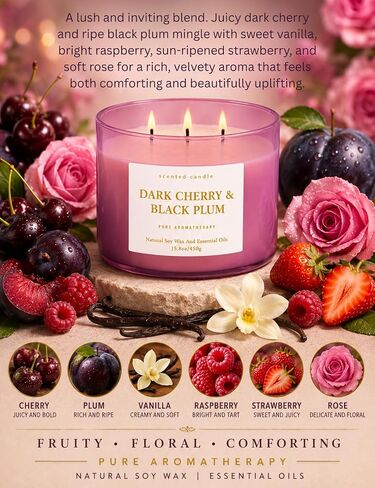 Dark Cherry Black Plum 3-Wick Soy Candle, 15.8 oz Scented Candle for Home | Black Cherry, Plum & Vanilla Notes, Aromatherapy, Highly Scented, Clean Burn, Summer & Fall candle, Gift for Women & Men in Saudi Arabia