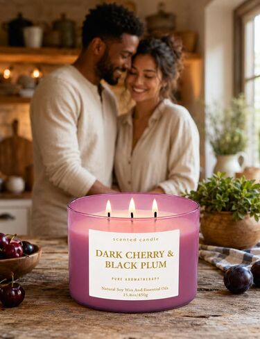 Dark Cherry Black Plum 3-Wick Soy Candle, 15.8 oz Scented Candle for Home | Black Cherry, Plum & Vanilla Notes, Aromatherapy, Highly Scented, Clean Burn, Summer & Fall candle, Gift for Women & Men in Saudi Arabia