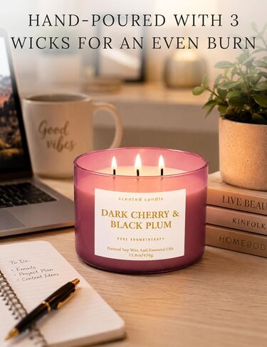 Dark Cherry Black Plum 3-Wick Soy Candle, 15.8 oz Scented Candle for Home | Black Cherry, Plum & Vanilla Notes, Aromatherapy, Highly Scented, Clean Burn, Summer & Fall candle, Gift for Women & Men in Saudi Arabia