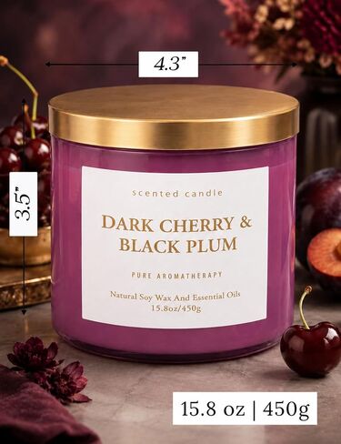 Dark Cherry Black Plum 3-Wick Soy Candle, 15.8 oz Scented Candle for Home | Black Cherry, Plum & Vanilla Notes, Aromatherapy, Highly Scented, Clean Burn, Summer & Fall candle, Gift for Women & Men in Saudi Arabia