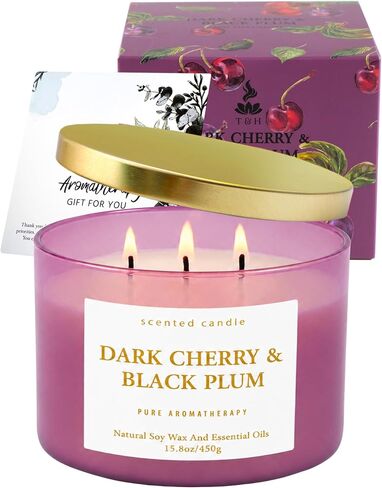 Dark Cherry Black Plum 3-Wick Soy Candle, 15.8 oz Scented Candle for Home | Black Cherry, Plum & Vanilla Notes, Aromatherapy, Highly Scented, Clean Burn, Summer & Fall candle, Gift for Women & Men in Saudi Arabia