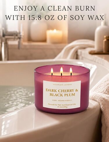 Dark Cherry Black Plum 3-Wick Soy Candle, 15.8 oz Scented Candle for Home | Black Cherry, Plum & Vanilla Notes, Aromatherapy, Highly Scented, Clean Burn, Summer & Fall candle, Gift for Women & Men in Saudi Arabia