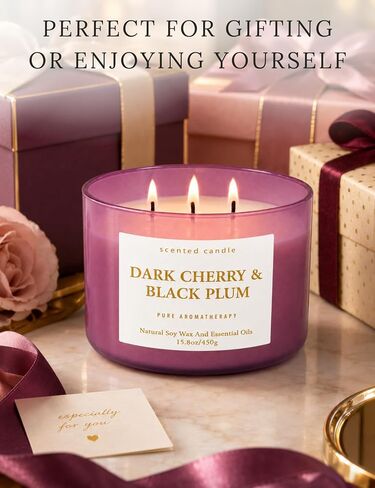Dark Cherry Black Plum 3-Wick Soy Candle, 15.8 oz Scented Candle for Home | Black Cherry, Plum & Vanilla Notes, Aromatherapy, Highly Scented, Clean Burn, Summer & Fall candle, Gift for Women & Men in Saudi Arabia