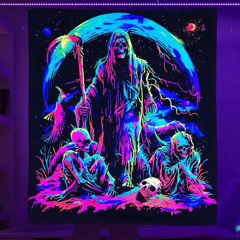 TUGCAY Blacklight Skull Tapestry, UV Reactive Gothic Sun Moon Tapestry Starry Night Tapestries Wall Hanging for Bedroom Dorm Decor(51.2 x 59.1 inches) in Saudi Arabia