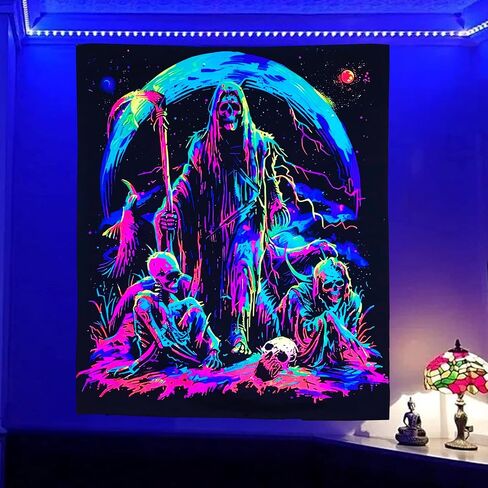 TUGCAY Blacklight Skull Tapestry, UV Reactive Gothic Sun Moon Tapestry Starry Night Tapestries Wall Hanging for Bedroom Dorm Decor(51.2 x 59.1 inches) in Saudi Arabia
