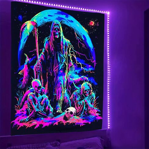 TUGCAY Blacklight Skull Tapestry, UV Reactive Gothic Sun Moon Tapestry Starry Night Tapestries Wall Hanging for Bedroom Dorm Decor(51.2 x 59.1 inches) in Saudi Arabia