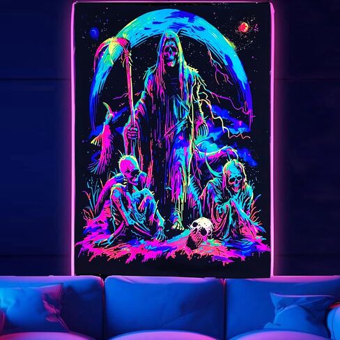 TUGCAY Blacklight Skull Tapestry, UV Reactive Gothic Sun Moon Tapestry Starry Night Tapestries Wall Hanging for Bedroom Dorm Decor(51.2 x 59.1 inches) in Saudi Arabia