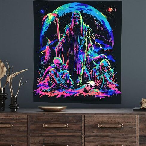 TUGCAY Blacklight Skull Tapestry, UV Reactive Gothic Sun Moon Tapestry Starry Night Tapestries Wall Hanging for Bedroom Dorm Decor(51.2 x 59.1 inches) in Saudi Arabia