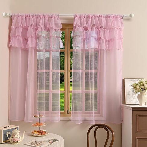 2 Panels Multi‑Layered Ruffle Curtain Valance Semi‑Sheer Voile Tier Curtain Rod Pocket Light Filtering Ruffled Window Drapes for Kitchen Cafe Bedroom Small Window Over Sink(Pink,39"x51") in Saudi Arabia