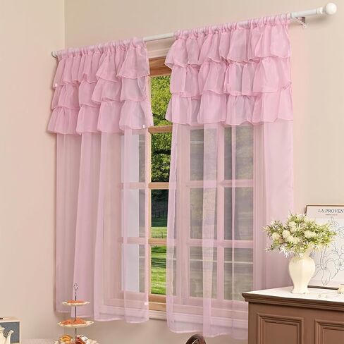 2 Panels Multi‑Layered Ruffle Curtain Valance Semi‑Sheer Voile Tier Curtain Rod Pocket Light Filtering Ruffled Window Drapes for Kitchen Cafe Bedroom Small Window Over Sink(Pink,39"x51") in Saudi Arabia