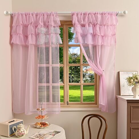 2 Panels Multi‑Layered Ruffle Curtain Valance Semi‑Sheer Voile Tier Curtain Rod Pocket Light Filtering Ruffled Window Drapes for Kitchen Cafe Bedroom Small Window Over Sink(Pink,39"x51") in Saudi Arabia