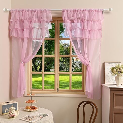 2 Panels Multi‑Layered Ruffle Curtain Valance Semi‑Sheer Voile Tier Curtain Rod Pocket Light Filtering Ruffled Window Drapes for Kitchen Cafe Bedroom Small Window Over Sink(Pink,39"x51") in Saudi Arabia