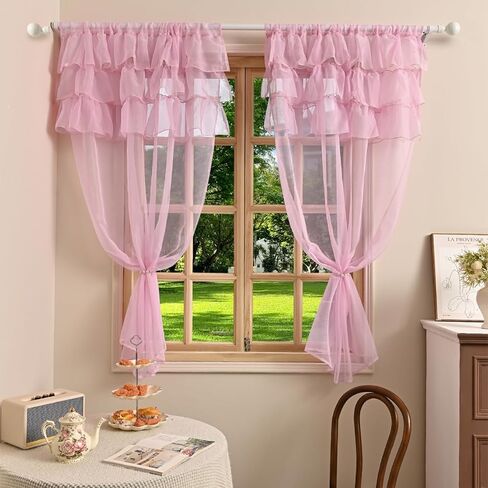 2 Panels Multi‑Layered Ruffle Curtain Valance Semi‑Sheer Voile Tier Curtain Rod Pocket Light Filtering Ruffled Window Drapes for Kitchen Cafe Bedroom Small Window Over Sink(Pink,39"x51") in Saudi Arabia