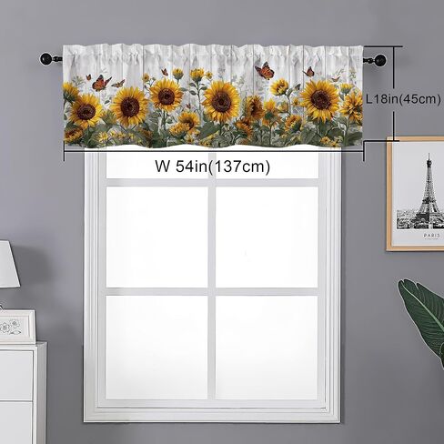 Sunflower Valances for Windows 2 Pack,Rod Pocket Short Valance Window Treatment for Kitchen,Bedroom Living Room,Bathroom,Office,RV Bunk,Home Decor,Rustic Butterfly Floral Farmhouse,18x54 in in Saudi Arabia