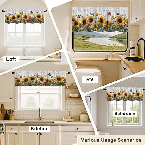 Sunflower Valances for Windows 2 Pack,Rod Pocket Short Valance Window Treatment for Kitchen,Bedroom Living Room,Bathroom,Office,RV Bunk,Home Decor,Rustic Butterfly Floral Farmhouse,18x54 in in Saudi Arabia