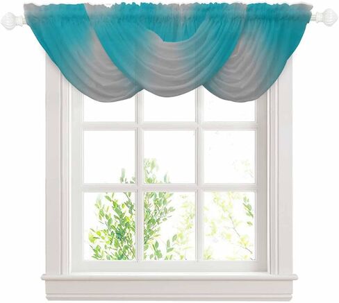 Ombre Turquoise Gray Waterfall Valance for Windows/Living Room/Bedroom, Simple Color Modern Striped Art Sheer Swag Valances Rod Pocket Curtains Kitchen Bathroom Window Treatment 3 Panels in Saudi Arabia