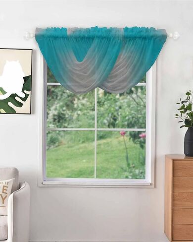 Ombre Turquoise Gray Waterfall Valance for Windows/Living Room/Bedroom, Simple Color Modern Striped Art Sheer Swag Valances Rod Pocket Curtains Kitchen Bathroom Window Treatment 3 Panels in Saudi Arabia