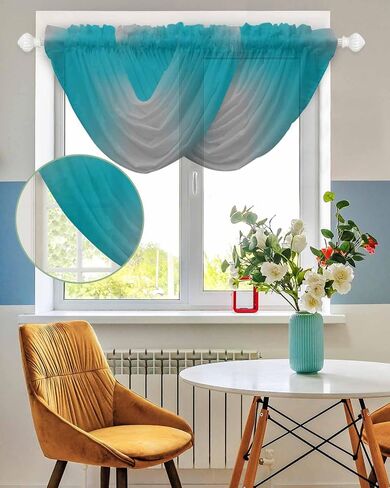 Ombre Turquoise Gray Waterfall Valance for Windows/Living Room/Bedroom, Simple Color Modern Striped Art Sheer Swag Valances Rod Pocket Curtains Kitchen Bathroom Window Treatment 3 Panels in Saudi Arabia