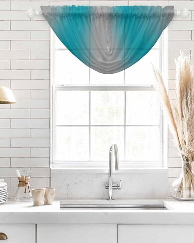 Ombre Turquoise Gray Waterfall Valance for Windows/Living Room/Bedroom, Simple Color Modern Striped Art Sheer Swag Valances Rod Pocket Curtains Kitchen Bathroom Window Treatment 3 Panels in Saudi Arabia